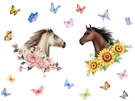YunBey Wandtattoo Pferde, Wandaufkleber Pferdekopf mit Schmetterlinge Blumen, Wandsticker Kinderzimmer Mädchen Schlafzimmer Wohnzimmer Jugendzimmer Wanddeko