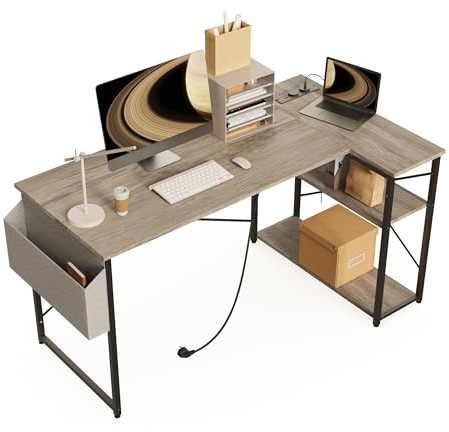 BEXEVUE Small L Shaped Desk with Power Outlets - 100x70 cm Corner Computer Desk Writing Table, Reversible Large Storage Shelves, Bookshelf Workstation for Study Play Work Bedroom Home Office Grey