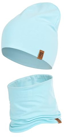 HEYO Kinder Set Beanie Mütze Schlauchschal Baumwolle Rundschal weich Mädchen Jungen Herbst Frühling Frühlinsset Herbstset (Hellblau)