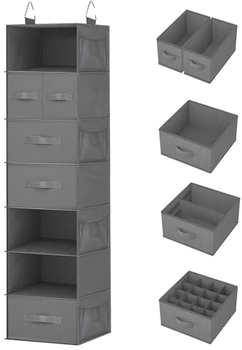 VERONLY Hängeregal Stoff mit 5 Schubladen Hängeorganizer Kleiderschrank Organizer 7 Fächern Hängeaufbewahrung Stoff 8 Netztaschen Faltbare Hänge Organizer für Schlafzimme Wohnwagen Camping (Grau)