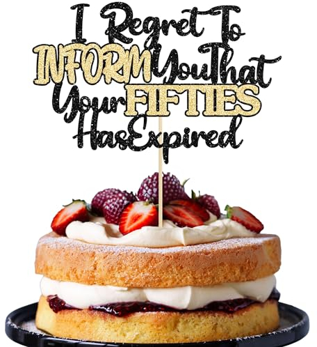 Ephlyn 1Pcs Happy 60th Birthday Cake Topper Black Gold Glitter I Regret to Inform You That Your Fifties Has Expired Cake Pick Cheers to 60 Years Cake Decorations for Funny 60th Birthday Party Supplies