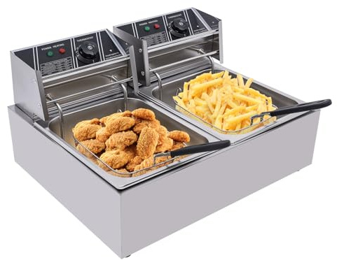Friteuse en acier inoxydable, double friteuse en acier inoxydable 12 L avec 2 paniers en acier inoxydable, couvercle en acier inoxydable, chauffage réglable jusqu'à 200 °C, pour frites, poulet, 5000 W