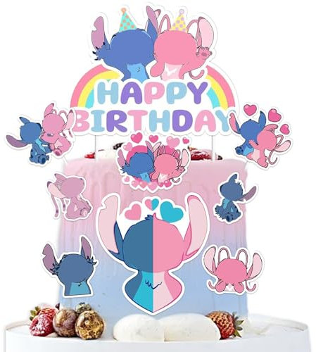 Stich Tortendeko Mädchen, Stich Kuchen Deko Kindergeburtstag, Lio und Stich Cake Topper Set, Happy Birthday Topper für Kinder Geburtstag Party Kuchen Dekoration Supplies (C)