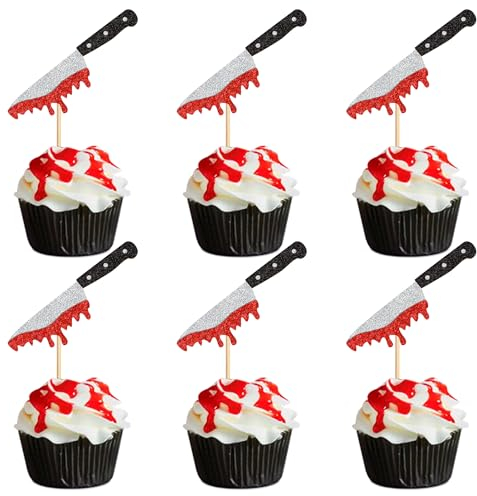 Ercadio 24 Pack Halloween Knife Tool Cupcake Toppers Glitter Halloween Knife Birthday Cake Pick for Bloody Horror Theme Birthday Baby Shower Party Cake Decorations Supplies