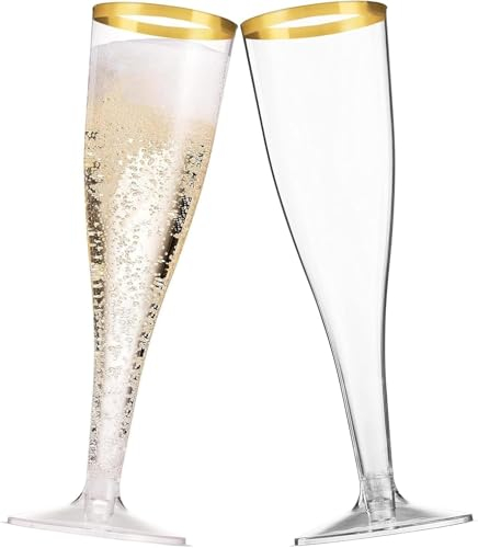 Sektgläser Plastik, Durchsichtige Champagnergläser Plastik, Wiederverwendbar, Sektkelch Sektflöten, Sektglas Kunststoff, für Hochzeiten, Partys, 133ml Champagner Gläser, 20 Stück, Mit Goldrand