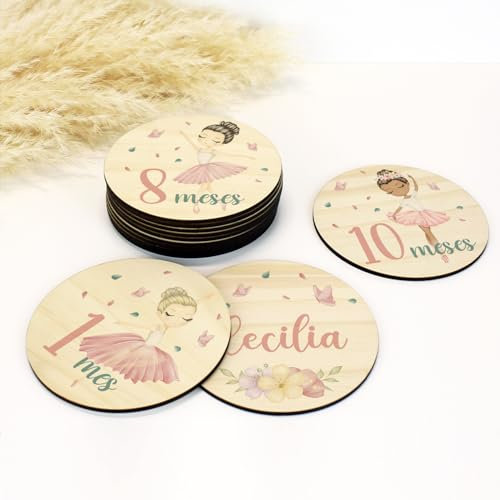 DEHOME - Placas Cumplemes Personalizadas con Nombre - Tarjetas Hito Bebé Madera Pino Natural 4mm - Impresión Directa sobre la madera - Regalo para Recién Nacido Hecho en España (Bailarina, Español)