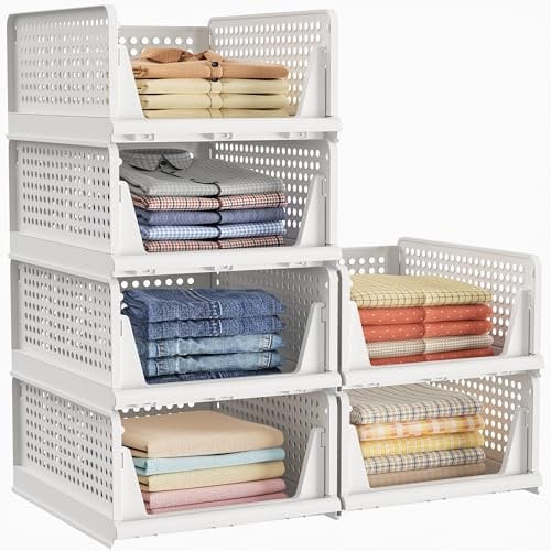 HOMIDEC Wardrobe Storage Organiser, 6 Pack Stackable Clothes Storage Drawers Baskets Boxes, Folding Plastic Cupboard Organiser Shleves for Bedroom Wardrobe Closet