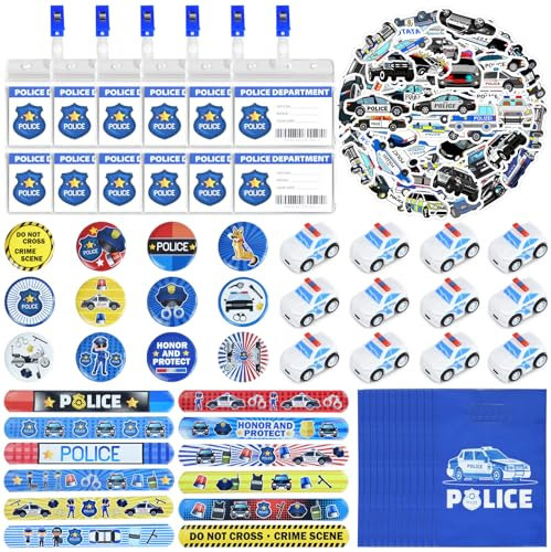 BOIKOKY Police 110 Teiliges Polizei Mitgebsel für Kinder,Polizei Geburtstagsset mit Spielzeugautos, Klatscharmbändern, Stickern, Abzeichen, Ausweisen & Geschenktüten