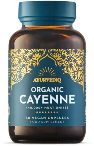 Ayurvediq Organic Cayenne Pepper Capsicum 600mg, 60 Vegan Capsules | Capsicum Annuum, Whole Ground Powder, Soil Association Certified, Grown In India, Amber Glass Bottle, No Fillers