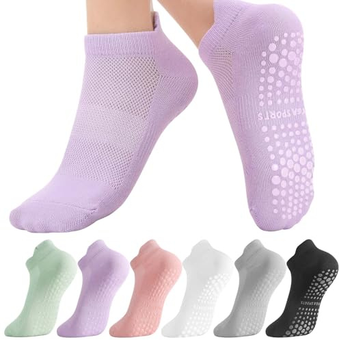 Zuimei 6 Pairs Pilates Socks, Yoga Socks for Women Non Slip Grip Socks | Reformer Pilates Grippy Breathable Cotton Sock for Women Ladies Barre Fitness Dance Ballet Hospital Home, UK 4-7