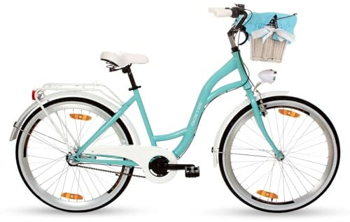 Goetze Style 26 Zoll Damen Citybike, 17 Zoll Tiefeinsteiger Rahmen, 3-Gang Nabenschaltung, Rücktrittbremse, LED-Beleuchtung, Gepäckträger, Komfortsattel, Schutzbleche, Rattankorb mit Stoffeinsatz!