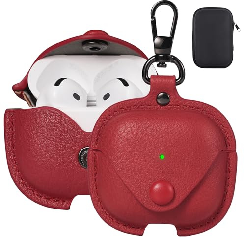 Maxjoy für AirPods 4 Lederhülle Stoßfeste mit Schlüsselanhänger, Rot | Business-Look, Stoßfeste Schutzhülle, Sicherer Metallverschluss, Drahtloses Laden, Kabelgebundenes Laden