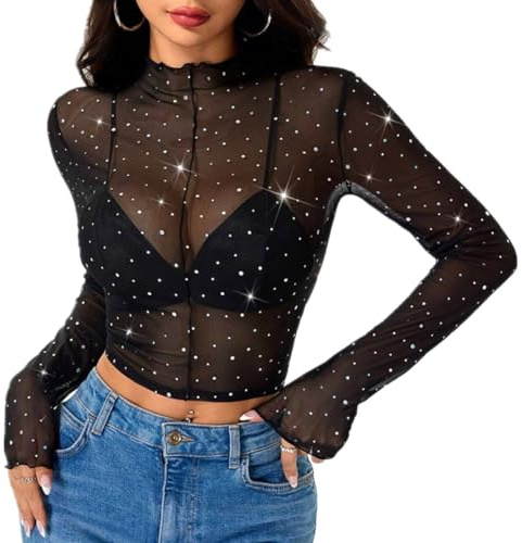 SamHeng Women Sequin Sheer Mesh Tops, Shiny Dots Print See Through Long Sleeve Top, Black Sexy Mock Neck Crop Tee Tops Slim Fit Base Shirts Going Out T-Shirt Streetwear