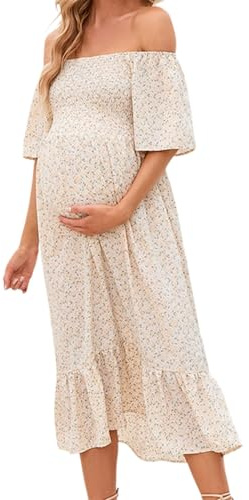Hanraz Robe d'allaitement festive - Robe de maternité bohème - Mode d'allaitement - Motif floral - Manches courtes - Épaules dénudées - Robe de grossesse