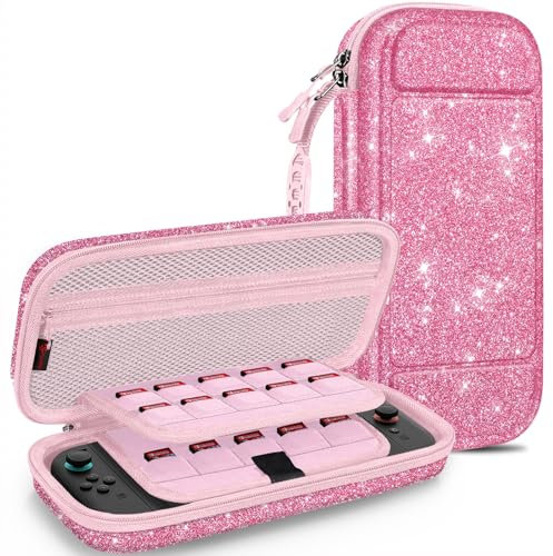 FINTIE Carrying Case for Nintendo Switch 2 (2025), [Shockproof] Hard Shell Protective Cover Portable Travel Bag with 20 Game Card Slots & Inner Pocket for Accessories (Glittering Pink)