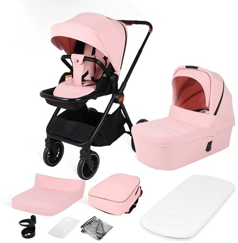 BabyVoyage Kombikinderwagen 2-in-1 ohne Babyschale – Babywanne & Sportsitz, Räder 360° Stoßdämpfer, Federung, höhenverstellbarer Griff, Faltbar, Zubehö-Kirschblüten-Rosa