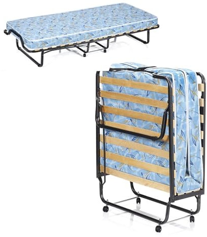 LIFEZEAL Klappbett, Klappbares Gästebett im Metallrahmen, Faltbares Einzelbett mit Matratze aus Memory Foam, Erwachsene Metallbett auf 4 Rädern (Blau, 200 x 90 x 41 cm)