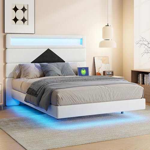 Générique Lit 140x190 cm Design Flottant avec Éclairage LED Prise Port USB, Cadre de Lit Double Adulte 140x190cm, avec Sommier et Tête de Rembourrée Réglable, Velours (sans Matelas) (140x190cm-B)