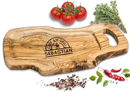 ROZTFYR Grillbrett Personalisiert | Schneidebrett Olivenholz | Männergeschenk Geburtstag | Grill Geschenke für Männer | Grill Zubehör | Personalisierte Geschenke Männer | Holzbrett mit Gravur
