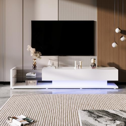 Meuble TV avec Rangement, Table Television Salon avec Lumières LED Variables, Table Tele Moderne avec Support en Verre et 2 Grands Tiroirs, Meuble TV Bois et Blanc pour Salon (Blanc, 170 cm)