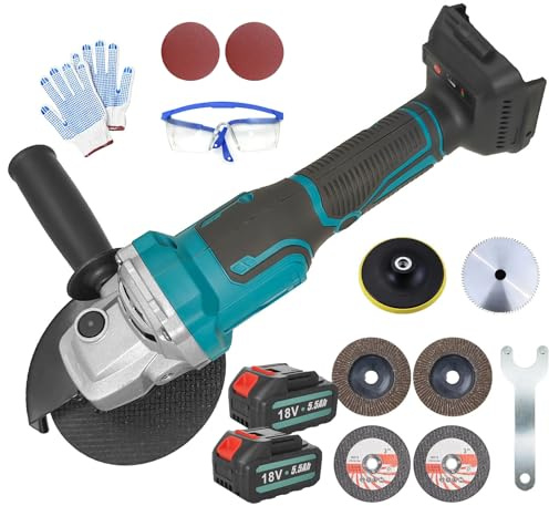 Bürstenloser Akku Winkelschleifer,für Makita 18V 2x 5.5AH Akku,11000U/min Elektrischer Schleifer mit 12 Zubehörteilen,zum Schneiden und Polieren von Holz,Stein,Stahl