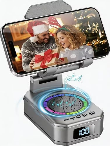 Gifts for Men Women, 4-in-1 Design Phone Stand with Bluetooth Speaker, Grey | 7 RGB Lights, Anti-Slip Base, Foldable Phone Charger Stand with Wireless Speaker, Perfect Tech Gadgets Gift,Ideal for Men/Dad