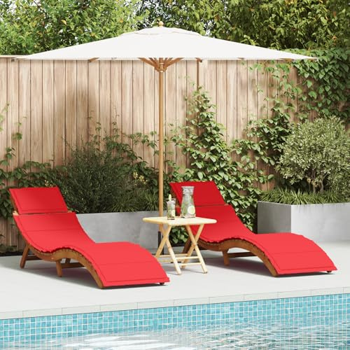 ZQQLVOO Klappbare Sonnenliege aus Massivholz Akazie mit Kissen 2 Stück in Rot, Wetterfeste Lounge-Liege für Balkon Terrasse und Poolbereich, Verstellbare Relaxliege mit Stauraum