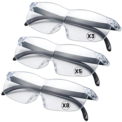 3 Stück Lupenbrille für Brillenträger, Vergrößerungsbrille mit 3 Vergrößerungsstufen (300%, 500%, 800%), Blaulichtfilter, Tragbare Lesebrille für Nähen und Detailarbeiten