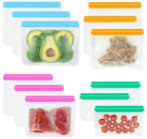 12-Pack Reusable Freezer Bags, Leakproof Double Zip Food Storage Bags | Clear Silicone-Grade Pouches for Sandwich, Snack & Meal Prep, Assorted 4 Sizes, BPA Free