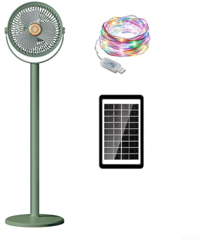 Felicafie Ventilateur sur pied rechargeable à énergie solaire avec 5 vitesses, ventilateur de bureau pliable de 4000 mAh, lumières de type C et RVB pour utilisation en plein air au bureau et au