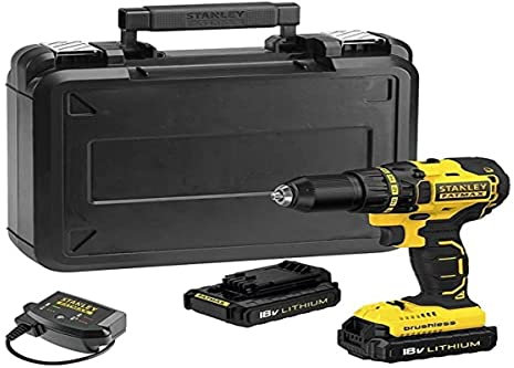 STANLEY FATMAX FMC608C2K-QW - Taladro atornillador Brushless 18V, 55 Nm, 2 baterías de litio 1.3 Ah y maletín