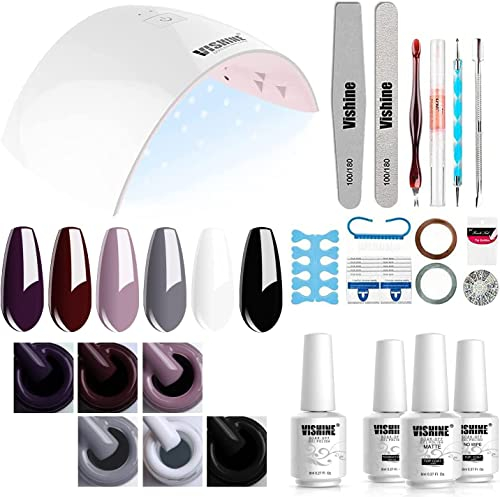 Vishine Nagellack Set Starterset mit Lampe 36W UV Lampe für Gelnägel Starterset 6 Farben Classic UV Nagellack Set Herbst Winter Gellack UV LED Nagellampe Set UV Gel Shellac Nagellack Set #026