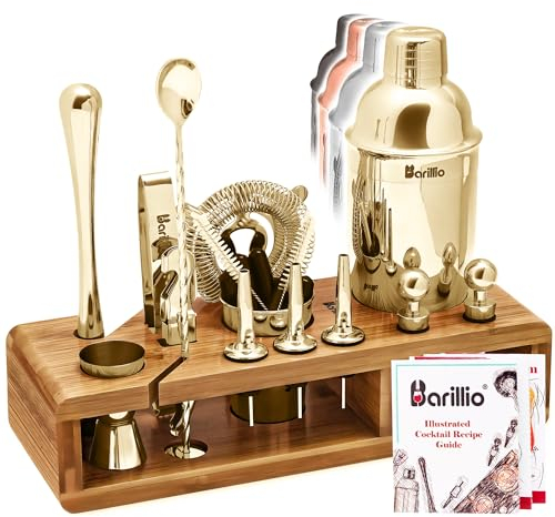 Barillio Kit de barman doré – Ensemble shaker à cocktail en acier inoxydable avec support en bambou – Outils de bar mixologie avec shaker, cuillère mélangeur et pilon pour cocktails – Accessoires de