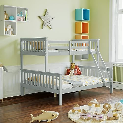 Vida Designs Milan Triple Bunk Bed, Three Sleeper, Solid Pine Wood Frame, Kids Children, Double 4 Foot 6, Single 3 Foot, Grey