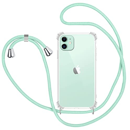 MICASE Funda con Cuerda para iPhone 11, Carcasa Transparente TPU Suave Silicona Case con Correa Colgante Ajustable Collar Correa de Cuello Cadena Cordón para iPhone 11 6.1'' - Verde Menta