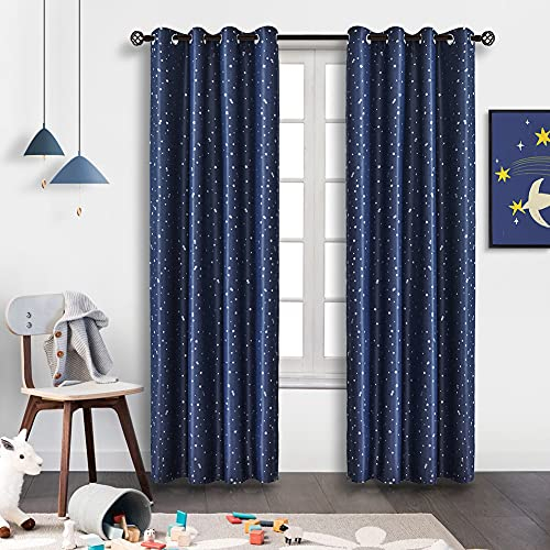 NAPEARL Vorhänge mit Silbernen Sternen, 2 Stücke Dunkelblau Verdunkelungsvorhänge für Kinderzimmer, Blickdichte Gardinen mit Ösen, 2X H 214 X B 132cm