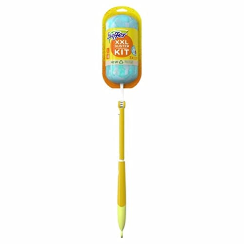 Swiffer Duster XXL Kit, Light Blue/Yellow, Floor Cleaner with 90cm Extendable Wood Handle, Flexible Feather Head, Trap & Lock - 1 Handle + 2 Duster Refills