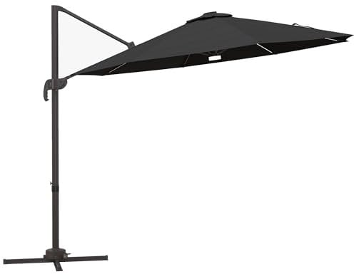 Outsunny 3 m Cantilever Roma Parasol Garden Sun Umbrella Outdoor Patio with 360 Degree Rotation Crank and Tilt Aluminium Frame LED Solar Light Cross Base, Dark Grey