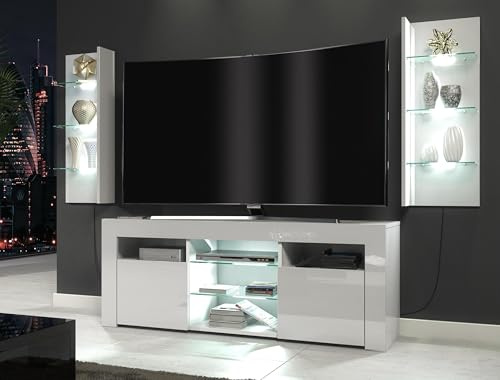 Furneo ClifPuz09 – Ensemble de salon blanc brillant et mat, meuble TV et vitrine, lumières LED blanches
