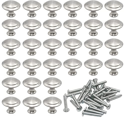 30 Piezas Pomos para Cajones Plateados de Acero Inoxidable Tirador de Cocina Redondo Plateado Perilla de Armario en Forma de Hongo Pomos de Acero Inoxidable con 30 Tornillos para Puertas Armarios 27mm