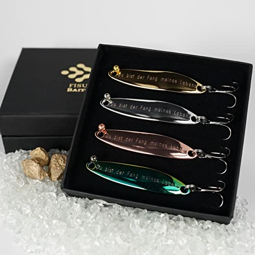 Hochwertige Angelköder, graviert als Geschenk für Angler, Mann, Freund, Frau zum Geburtstag, Valentinstag, Hochzeitstag, Jahrestag (4er Set + Austeller(Acryl))