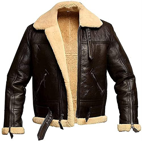 XUEBIN Braune Fliegerjacke Aus Schafsleder Für Herren | Bomberjacken Aus Lammfell | Lederjacke | Lederjacke Aus Echtem Schaffell Mit Pelzkragen Herrenjacke (Color : Beige, Size : M)
