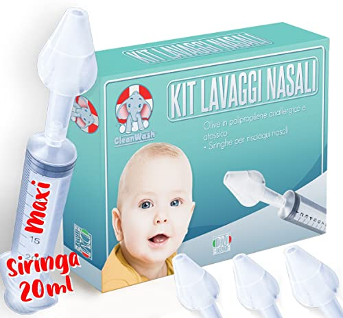 Siringa per lavaggi nasali bambini MAXI, 3 olive nasali STANDARD Made in Italy + 1 siringa GRANDE 20 ml per 2 lavaggi nasali in uno, dispositivo medico ce (1 siringa 3 olive)