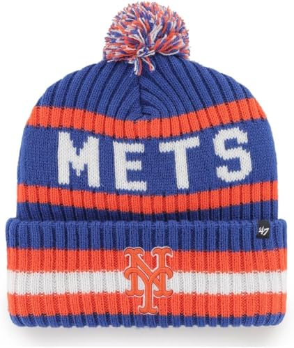 47 MLB Mütze für Erwachsene, offizielles Lizenzprodukt, Bering, Sport, Strickmütze mit Bommel, für kaltes Wetter, New York Mets - Blau, Einheitsgr��e