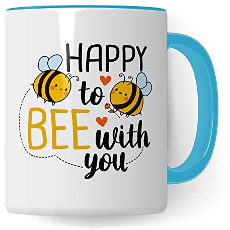 Bienen Tasse Happy to Bee with you Kaffeetasse Liebe Paar Geschenk Beziehung Geschenkidee Biene Mug Freunde Kaffee-Becher Freundschaft Witz Sarkasmus Wortwitz (Weiß/Blau)