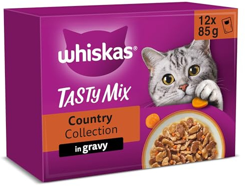 WHISKAS TASTY MIX Adult Wet Cat Food in Gravy 12x85g Country Collection (Pack of 4)