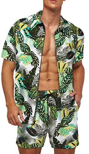 Wirltte Mens Hawaiian Shirt and Shorts Set Tropical Floral Print 2 Piece Outfits Green M