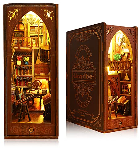 DIY Book Nook Kit – Fesselndes 3D-Holzpuzzle - Buchstützen - Modellbauset für Erwachsene und Jugendliche, Miniatur - Bibliotheks - Booknook-Regaleinsatz mit LED - Leuchten