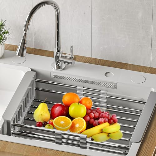 Égouttoir d'Évier Extensible,Egouttoir Vaisselle Inox,Égouttoir à Vaisselle Réglable,Compatible tout Evier,utilisé pour laver la vaisselle dans lévier de la cuisine,égoutter les fruits et légume(Gris)