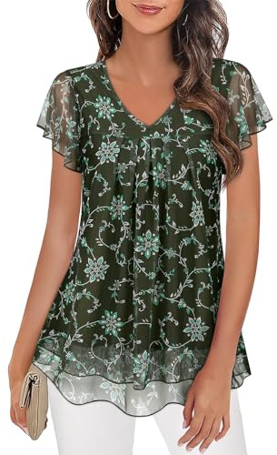 Syphiby Tops for Women Casual Elegant, Dressy Tops for Women Casual Ladies Tops Summer Floral Double Layers V Neck Tunic Tops for Leggings Lightweight Petite Tops Mesh Loose Fit Shirts, Green-Medium